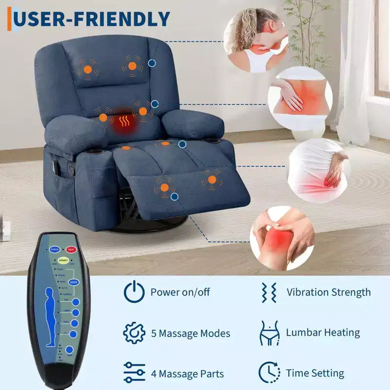 Fauteuil inclinable extra large multifonctionnel, en cuir PU, taille adulte, fauteuil à bascule pivotant à 360°, avec porte-gobelet et poches latérales.