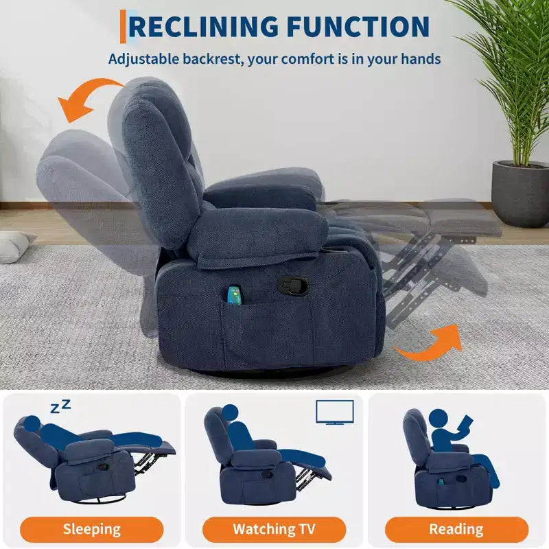 Fauteuil inclinable extra large multifonctionnel, en cuir PU, taille adulte, fauteuil à bascule pivotant à 360°, avec porte-gobelet et poches latérales.