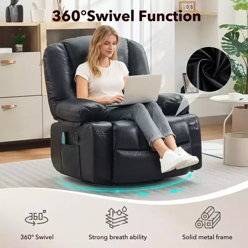 Fauteuil inclinable extra large multifonctionnel, en cuir PU, taille adulte, fauteuil à bascule pivotant à 360°, avec porte-gobelet et poches latérales.