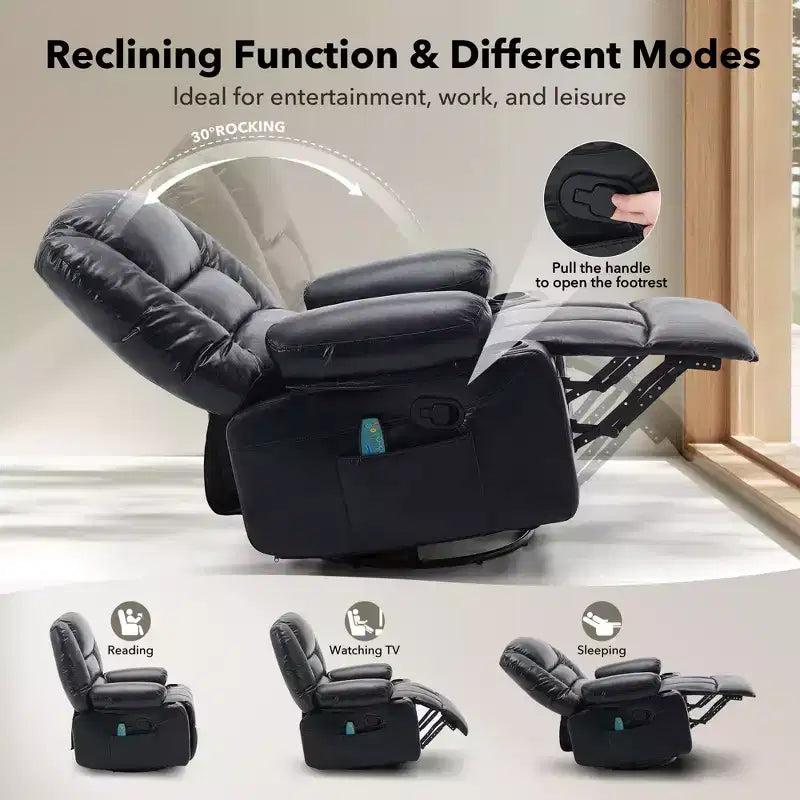 Fauteuil inclinable extra large multifonctionnel, en cuir PU, taille adulte, fauteuil à bascule pivotant à 360°, avec porte-gobelet et poches latérales.