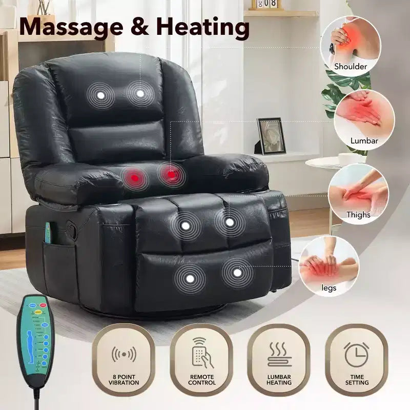 Fauteuil inclinable extra large multifonctionnel, en cuir PU, taille adulte, fauteuil à bascule pivotant à 360°, avec porte-gobelet et poches latérales.