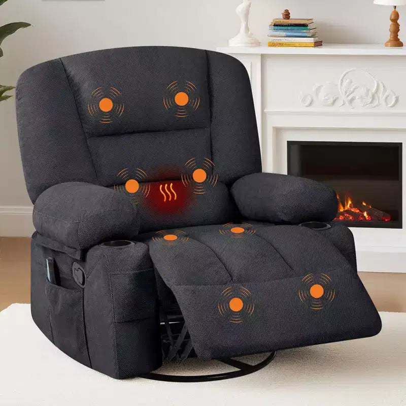 Fauteuil inclinable extra large multifonctionnel, en cuir PU, taille adulte, fauteuil à bascule pivotant à 360°, avec porte-gobelet et poches latérales.