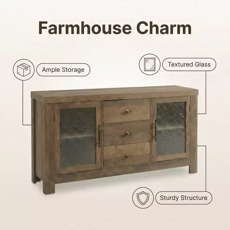 54.4 Buffet Bahut, Meuble de Rangement d'Appoint avec 2 Portes Vitrées et 3 Tiroirs, Table de Bar à Café, Meuble TV pour Salon, Cuisine, Salle à Manger