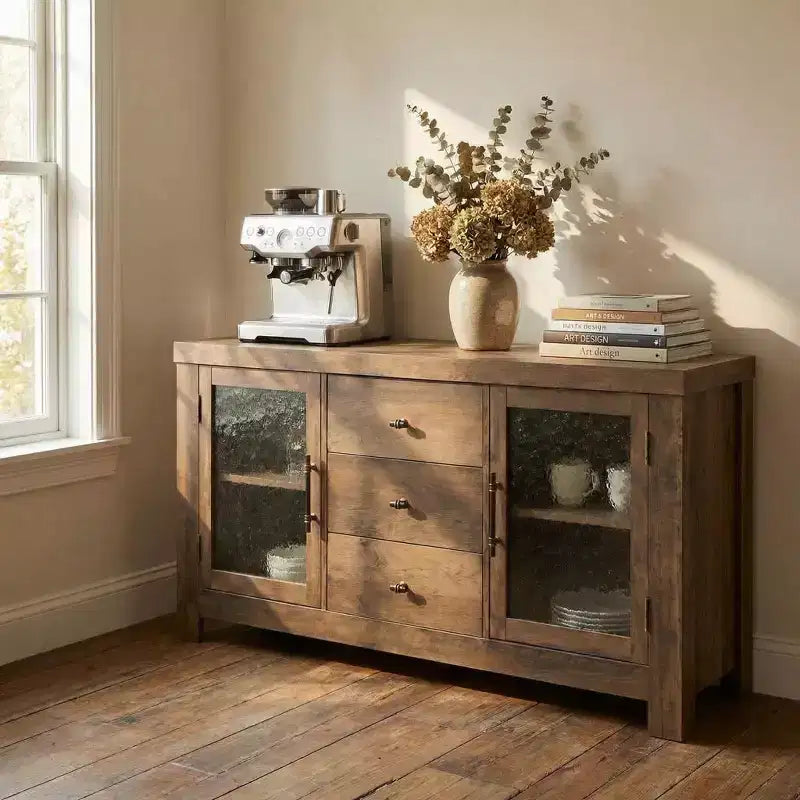 54.4 Buffet Bahut, Meuble de Rangement d'Appoint avec 2 Portes Vitrées et 3 Tiroirs, Table de Bar à Café, Meuble TV pour Salon, Cuisine, Salle à Manger