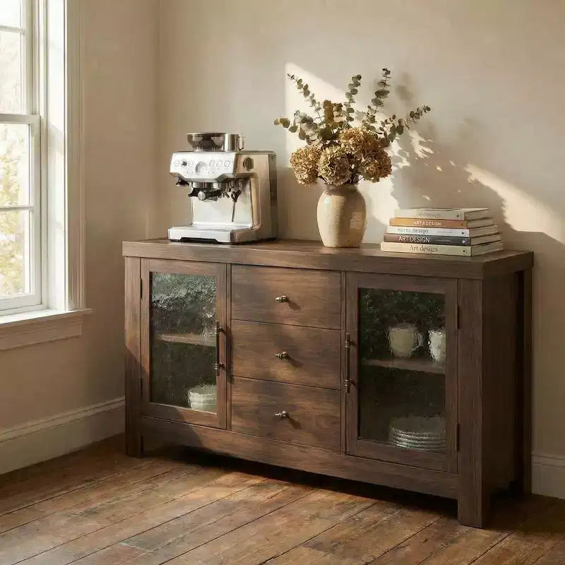 54.4 Buffet Bahut, Meuble de Rangement d'Appoint avec 2 Portes Vitrées et 3 Tiroirs, Table de Bar à Café, Meuble TV pour Salon, Cuisine, Salle à Manger