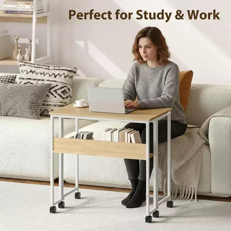Bureau pliant avec étagère de rangement et roulettes, poste de travail mobile pliable et roulant, table pour ordinateur portable peu encombrante pour bureau à domicile et chambre à coucher.