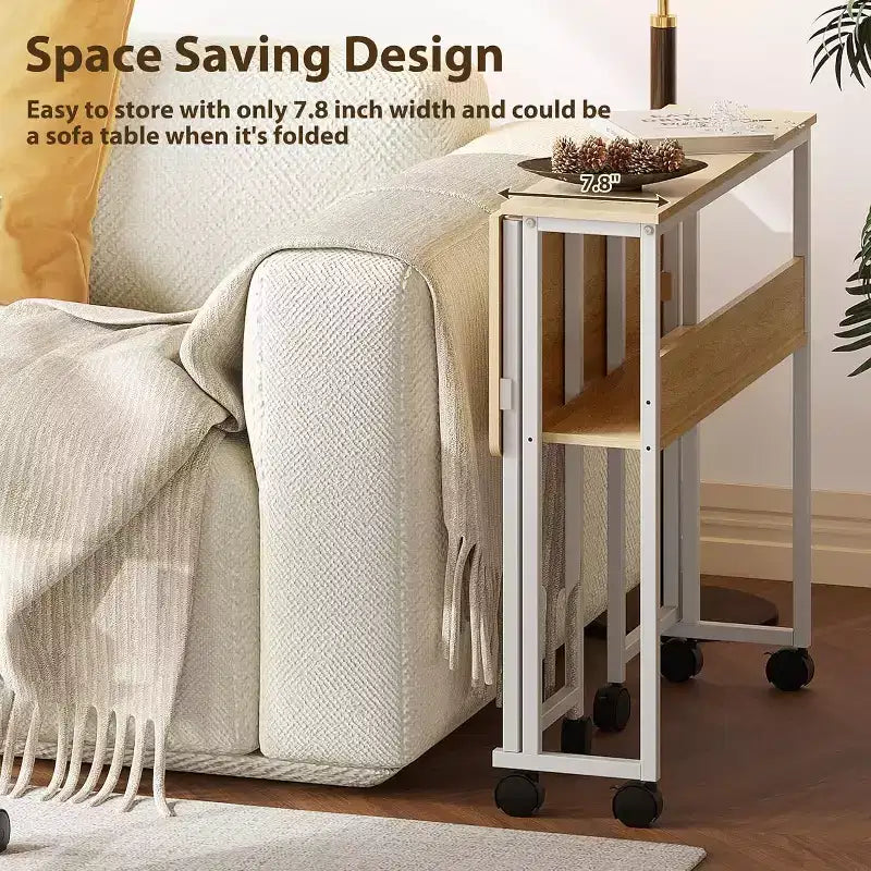 Bureau pliant avec étagère de rangement et roulettes, poste de travail mobile pliable et roulant, table pour ordinateur portable peu encombrante pour bureau à domicile et chambre à coucher.