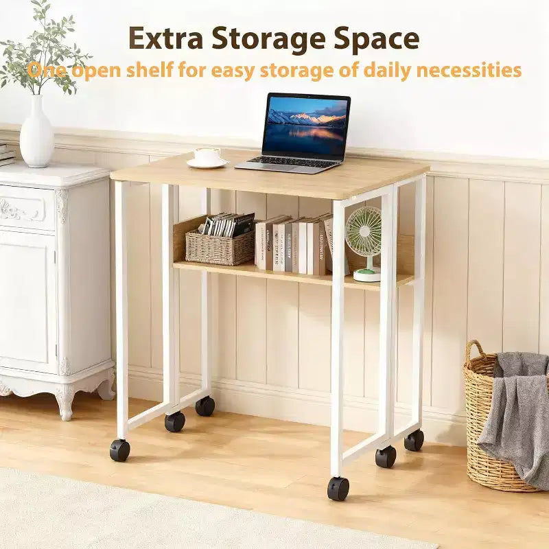 Bureau pliant avec étagère de rangement et roulettes, poste de travail mobile pliable et roulant, table pour ordinateur portable peu encombrante pour bureau à domicile et chambre à coucher.