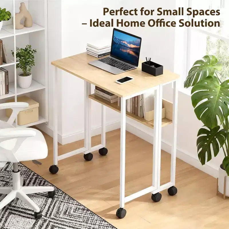 Bureau pliant avec étagère de rangement et roulettes, poste de travail mobile pliable et roulant, table pour ordinateur portable peu encombrante pour bureau à domicile et chambre à coucher.