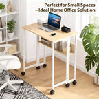 Bureau pliant avec étagère de rangement et roulettes, poste de travail mobile pliable et roulant, table pour ordinateur portable peu encombrante pour bureau à domicile et chambre à coucher.
