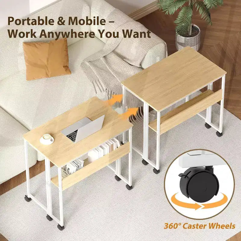 Bureau pliant avec étagère de rangement et roulettes, poste de travail mobile pliable et roulant, table pour ordinateur portable peu encombrante pour bureau à domicile et chambre à coucher.