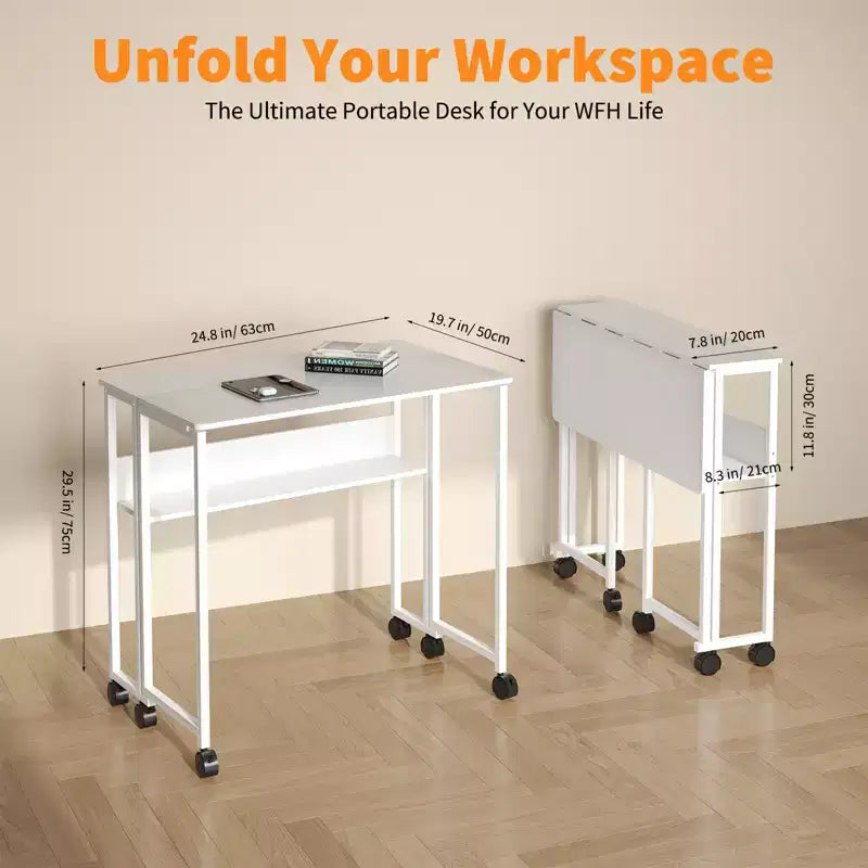 Bureau pliant avec étagère de rangement et roulettes, poste de travail mobile pliable et roulant, table pour ordinateur portable peu encombrante pour bureau à domicile et chambre à coucher.