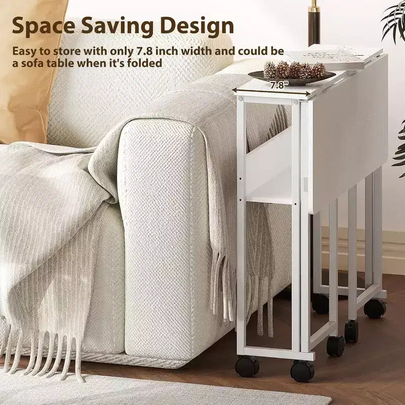 Bureau pliant avec étagère de rangement et roulettes, poste de travail mobile pliable et roulant, table pour ordinateur portable peu encombrante pour bureau à domicile et chambre à coucher.