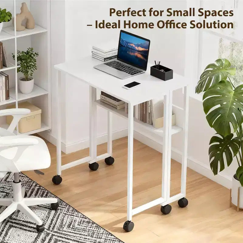 Bureau pliant avec étagère de rangement et roulettes, poste de travail mobile pliable et roulant, table pour ordinateur portable peu encombrante pour bureau à domicile et chambre à coucher.