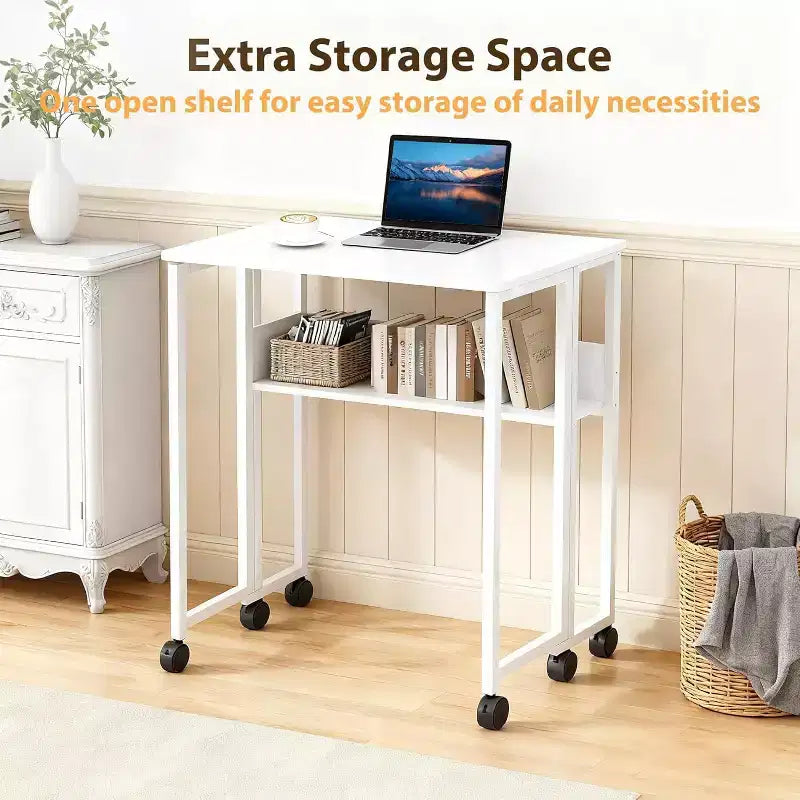 Bureau pliant avec étagère de rangement et roulettes, poste de travail mobile pliable et roulant, table pour ordinateur portable peu encombrante pour bureau à domicile et chambre à coucher.