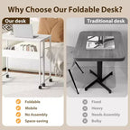 Bureau pliant avec étagère de rangement et roulettes, poste de travail mobile pliable et roulant, table pour ordinateur portable peu encombrante pour bureau à domicile et chambre à coucher.
