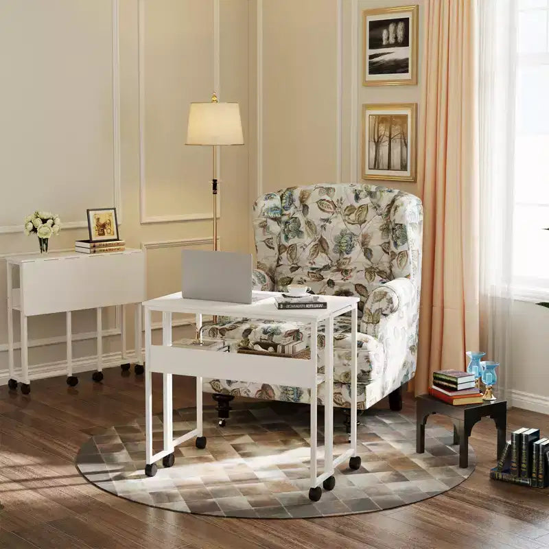 Bureau pliant avec étagère de rangement et roulettes, poste de travail mobile pliable et roulant, table pour ordinateur portable peu encombrante pour bureau à domicile et chambre à coucher.