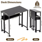 Bureau pliant avec étagère de rangement et roulettes, poste de travail mobile pliable et roulant, table pour ordinateur portable peu encombrante pour bureau à domicile et chambre à coucher.