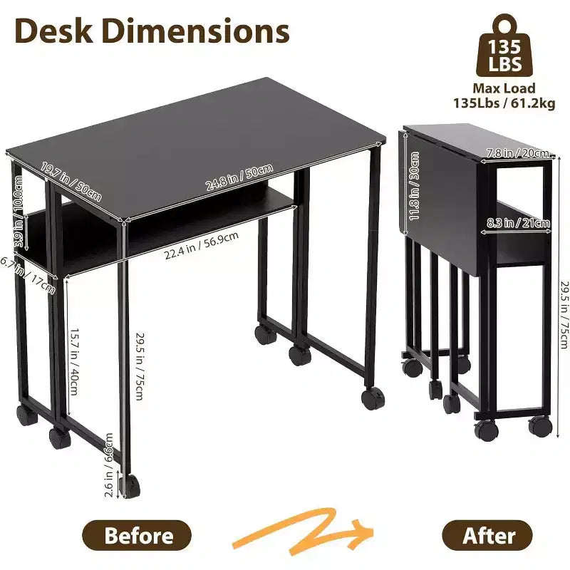 Bureau pliant avec étagère de rangement et roulettes, poste de travail mobile pliable et roulant, table pour ordinateur portable peu encombrante pour bureau à domicile et chambre à coucher.