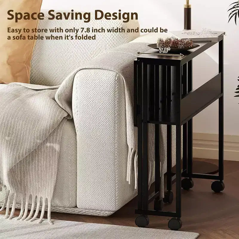 Bureau pliant avec étagère de rangement et roulettes, poste de travail mobile pliable et roulant, table pour ordinateur portable peu encombrante pour bureau à domicile et chambre à coucher.