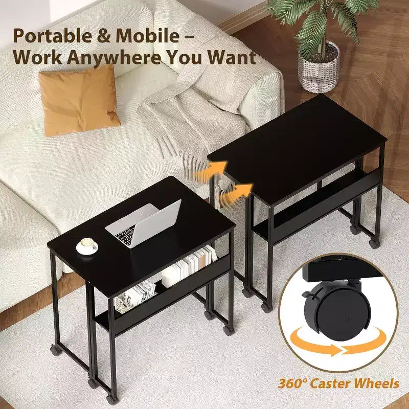 Bureau pliant avec étagère de rangement et roulettes, poste de travail mobile pliable et roulant, table pour ordinateur portable peu encombrante pour bureau à domicile et chambre à coucher.