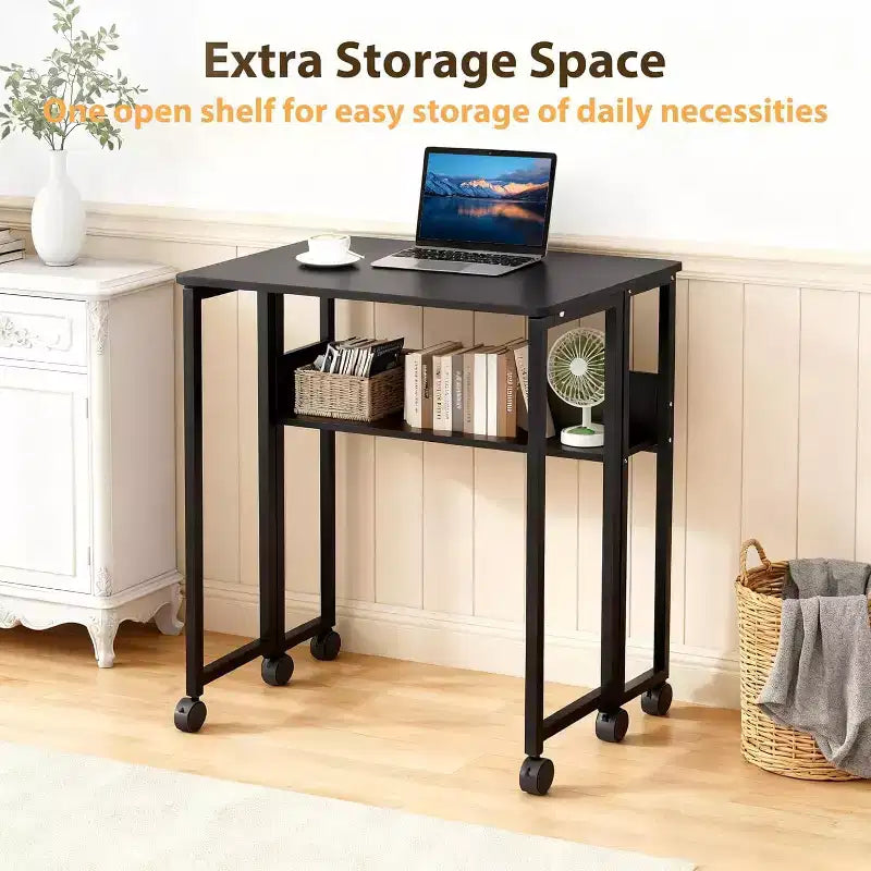 Bureau pliant avec étagère de rangement et roulettes, poste de travail mobile pliable et roulant, table pour ordinateur portable peu encombrante pour bureau à domicile et chambre à coucher.
