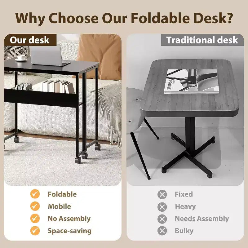 Bureau pliant avec étagère de rangement et roulettes, poste de travail mobile pliable et roulant, table pour ordinateur portable peu encombrante pour bureau à domicile et chambre à coucher.