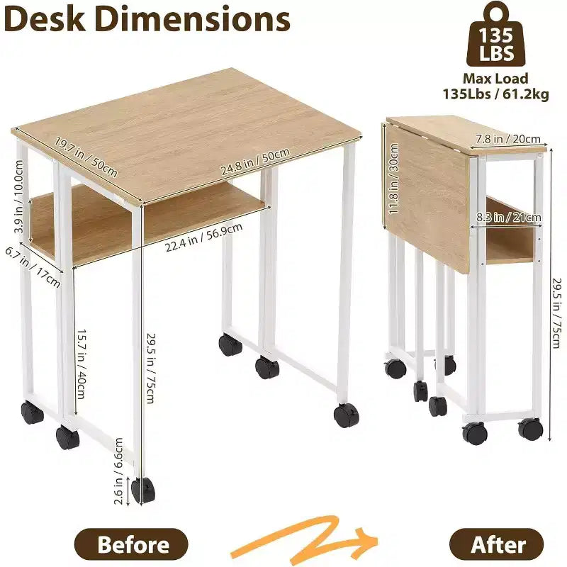 Bureau pliant avec étagère de rangement et roulettes, poste de travail mobile pliable et roulant, table pour ordinateur portable peu encombrante pour bureau à domicile et chambre à coucher.