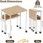 Bureau pliant avec étagère de rangement et roulettes, poste de travail mobile pliable et roulant, table pour ordinateur portable peu encombrante pour bureau à domicile et chambre à coucher.
