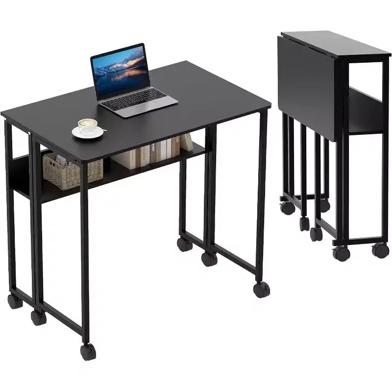 Folding Desk with Storage Shelf & Wheels, Collapsible Rolling Mobile Workstation, Space-Saving Laptop Cart Table for Home Office & Bedroom