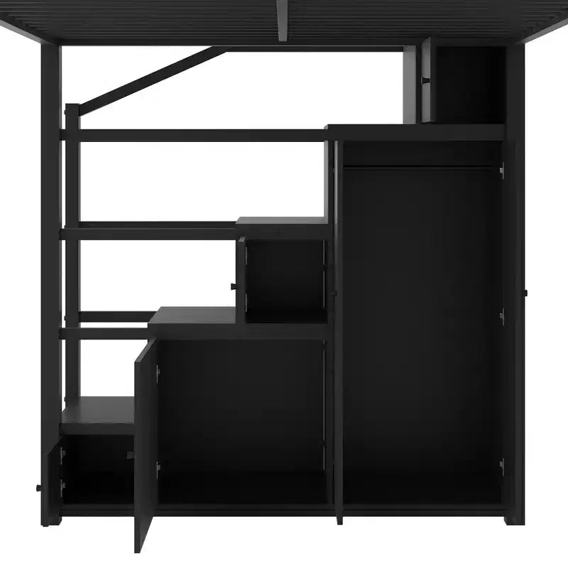 Lit mezzanine métallique Queen Size Whisen avec étagères de rangement, armoires et penderie