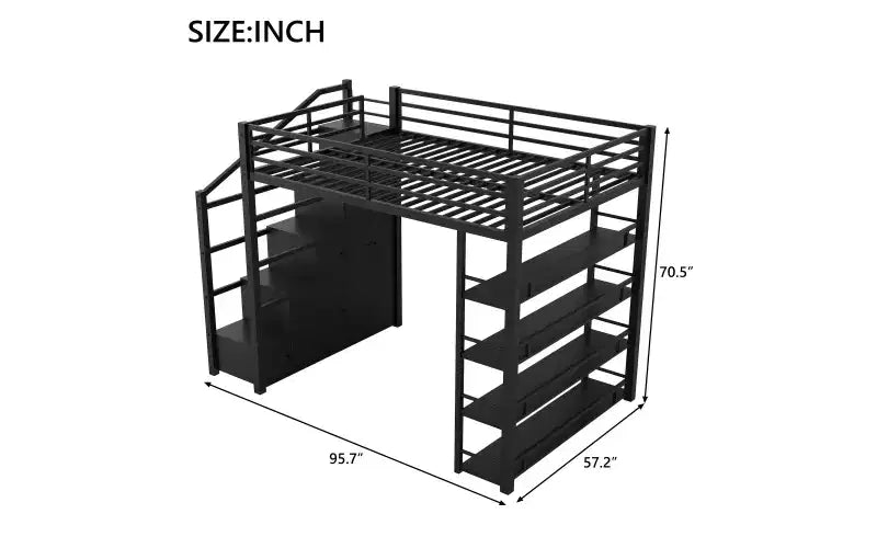 Lit mezzanine métallique Queen Size Whisen avec étagères de rangement, armoires et penderie