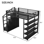 Lit mezzanine métallique Queen Size Whisen avec étagères de rangement, armoires et penderie
