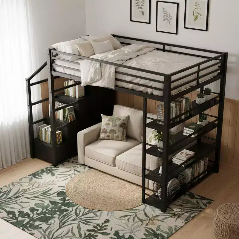 Lit mezzanine métallique Queen Size Whisen avec étagères de rangement, armoires et penderie