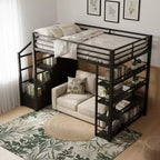 Lit mezzanine métallique Queen Size Whisen avec étagères de rangement, armoires et penderie