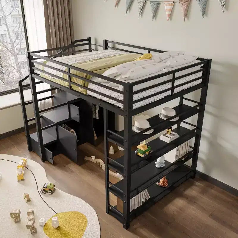 Lit mezzanine métallique Queen Size Whisen avec étagères de rangement, armoires et penderie