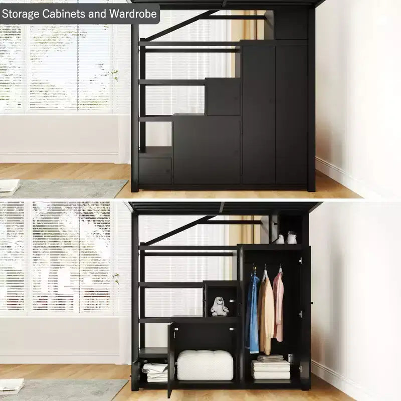 Lit mezzanine métallique Queen Size Whisen avec étagères de rangement, armoires et penderie