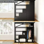 Lit mezzanine métallique Queen Size Whisen avec étagères de rangement, armoires et penderie