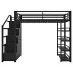 Lit mezzanine métallique Queen Size Whisen avec étagères de rangement, armoires et penderie