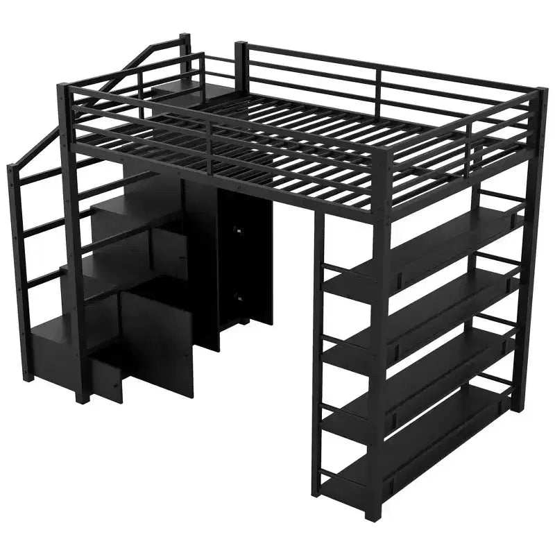 Lit mezzanine métallique Queen Size Whisen avec étagères de rangement, armoires et penderie