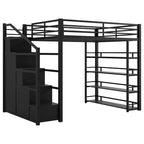 Lit mezzanine métallique Queen Size Whisen avec étagères de rangement, armoires et penderie