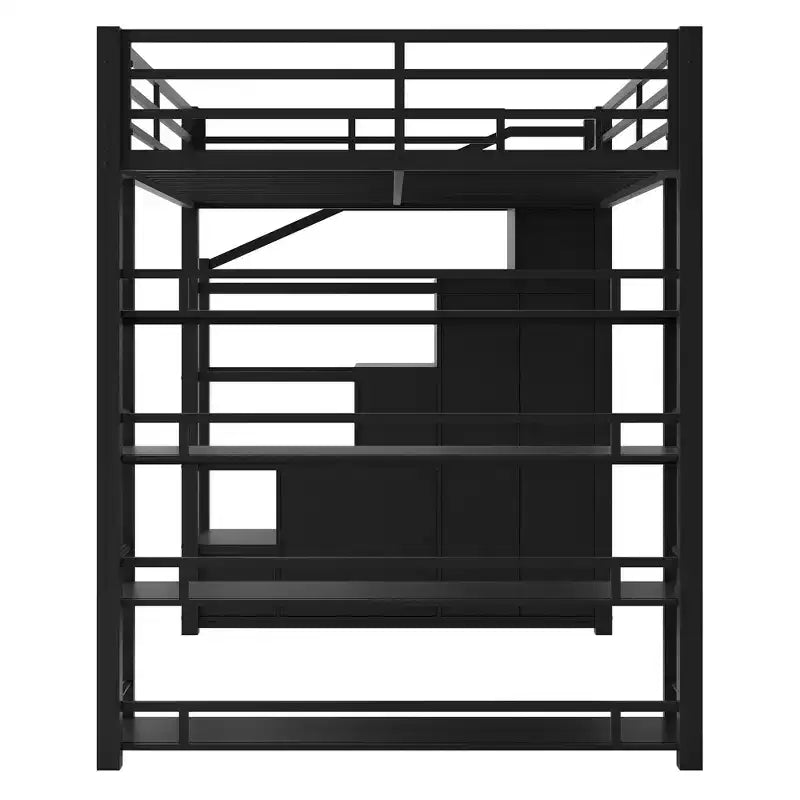 Lit mezzanine métallique Queen Size Whisen avec étagères de rangement, armoires et penderie