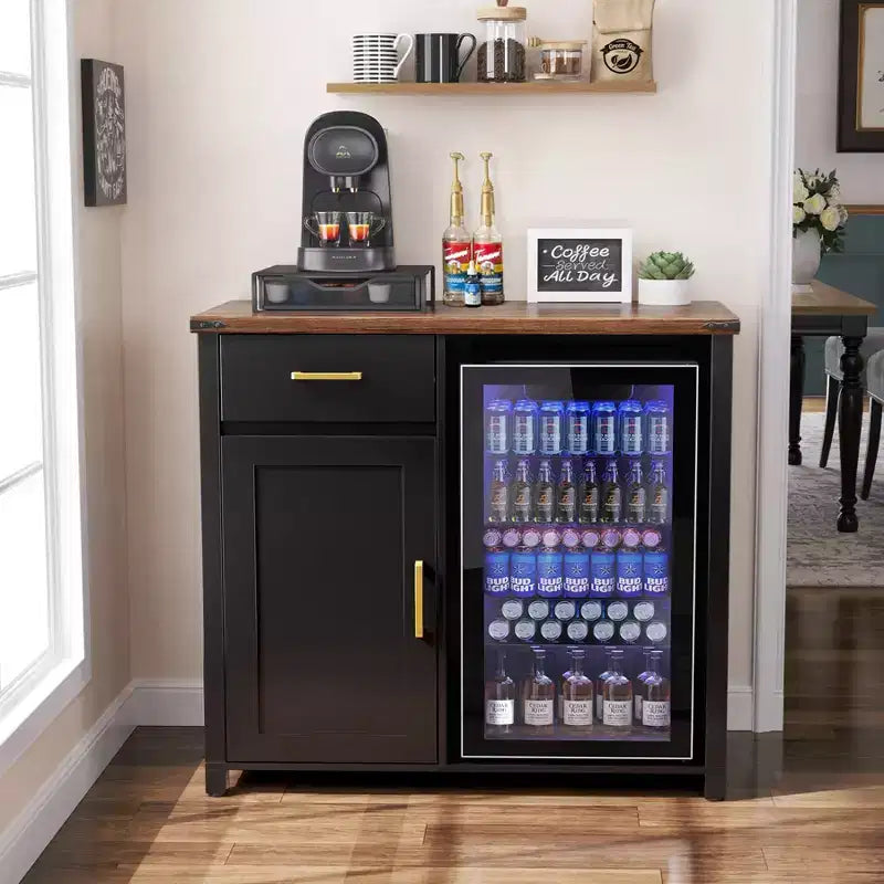 Meuble de bar à café GDLF avec espace pour mini-réfrigérateur, support pour mini-réfrigérateur, meuble à liqueurs et vins pour dortoir, cuisine ou bureau, plateau de 39,4 L x 20,9 P Noir