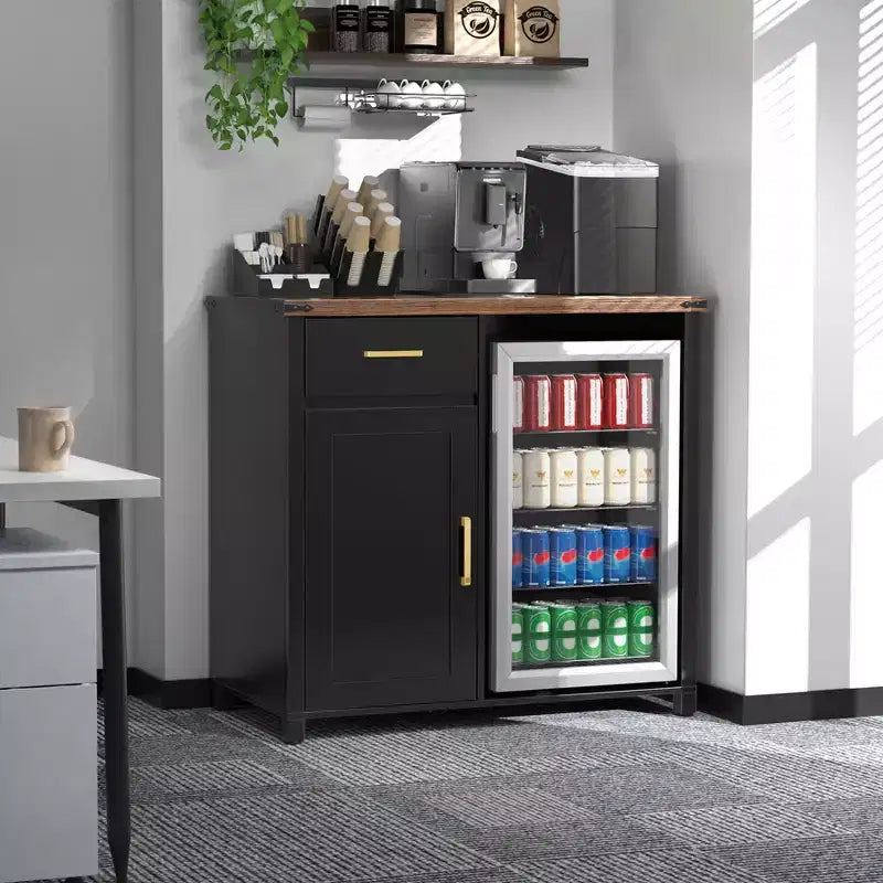 Meuble de bar à café GDLF avec espace pour mini-réfrigérateur, support pour mini-réfrigérateur, meuble à liqueurs et vins pour dortoir, cuisine ou bureau, plateau de 39,4 L x 20,9 P Noir