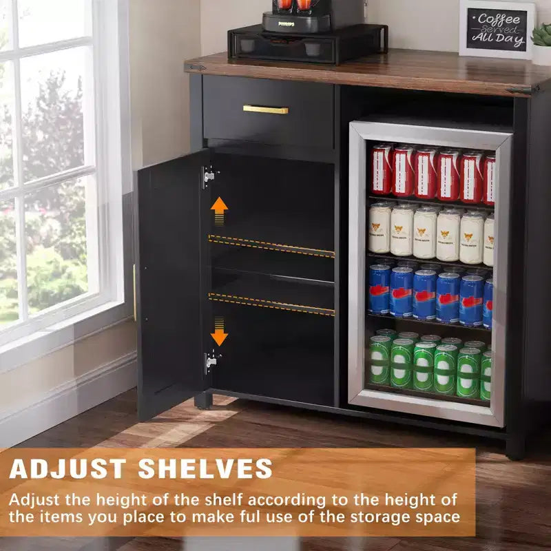 Meuble de bar à café GDLF avec espace pour mini-réfrigérateur, support pour mini-réfrigérateur, meuble à liqueurs et vins pour dortoir, cuisine ou bureau, plateau de 39,4 L x 20,9 P Noir