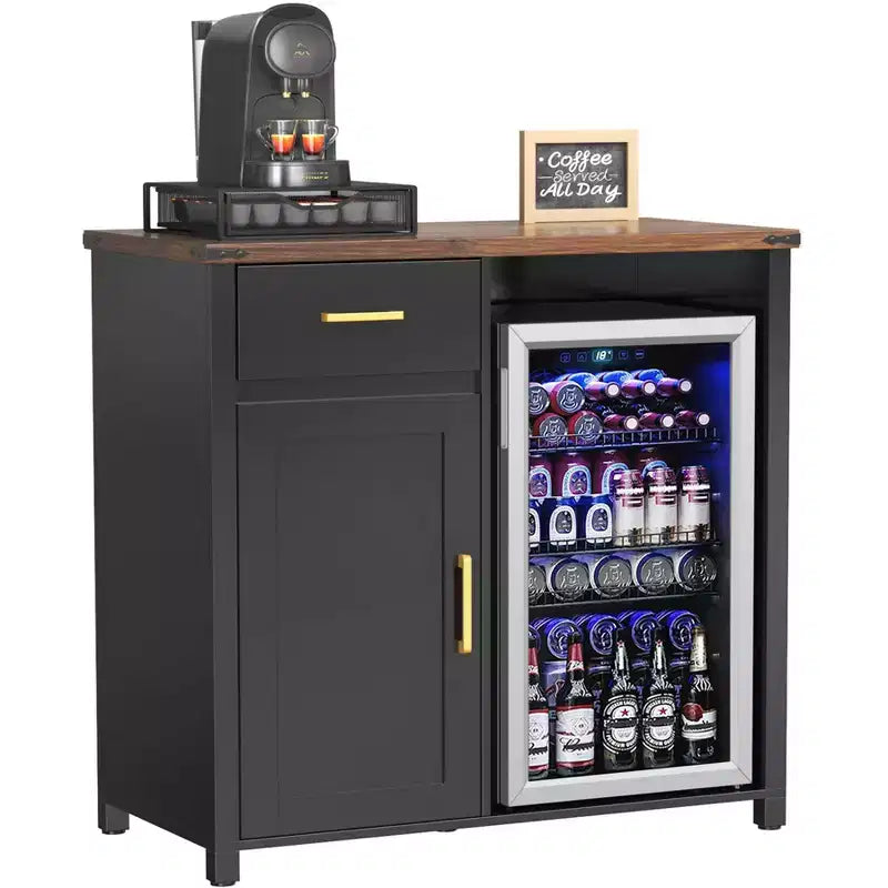 Meuble de bar à café GDLF avec espace pour mini-réfrigérateur, support pour mini-réfrigérateur, meuble à liqueurs et vins pour dortoir, cuisine ou bureau, plateau de 39,4 L x 20,9 P Noir