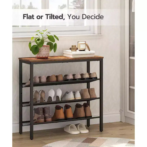 ACOINEL Shoe Rack for Entryway, 4-Tier Industrial Shoe Organizer with Adjustable Mesh Shelves, Holds 12-16 Pairs, Rustic Brown Metal Shoe Shelf