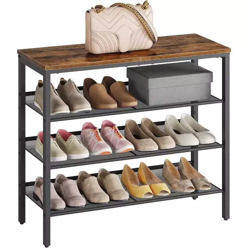 ACOINEL Meuble à chaussures pour entrée, organiseur de chaussures industriel à 4 niveaux avec étagères grillagées réglables, peut contenir 12 à 16 paires, étagère à chaussures en métal marron rustique