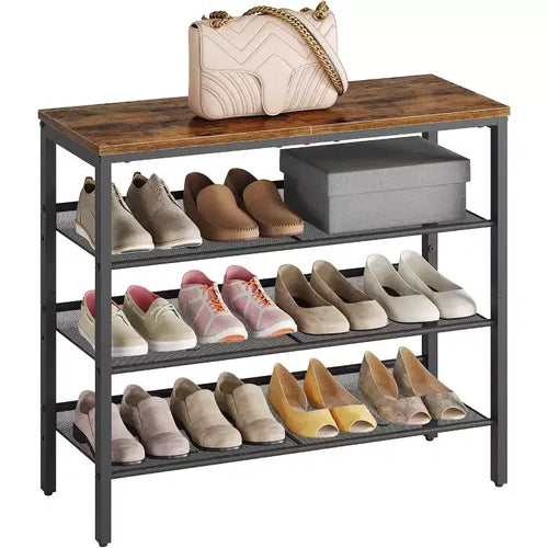 ACOINEL Meuble à chaussures pour entrée, organiseur de chaussures industriel à 4 niveaux avec étagères grillagées réglables, peut contenir 12 à 16 paires, étagère à chaussures en métal marron rustique