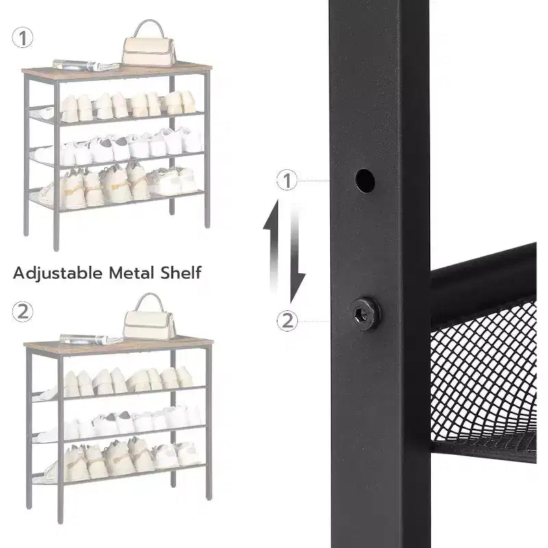 ACOINEL Meuble à chaussures pour entrée, organiseur de chaussures industriel à 4 niveaux avec étagères grillagées réglables, peut contenir 12 à 16 paires, étagère à chaussures en métal marron rustique